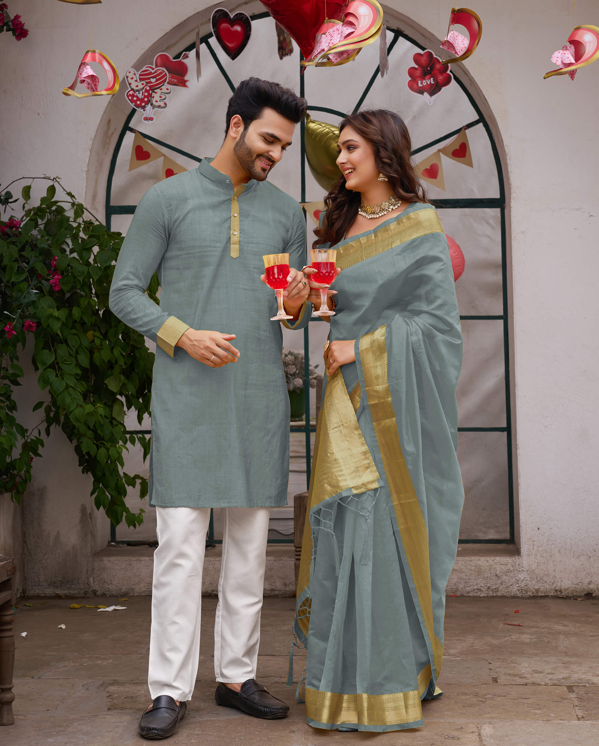 Matching Combo Couple Outfit With Black Saree And Mens Kurta - BLISSBIE -  4255345